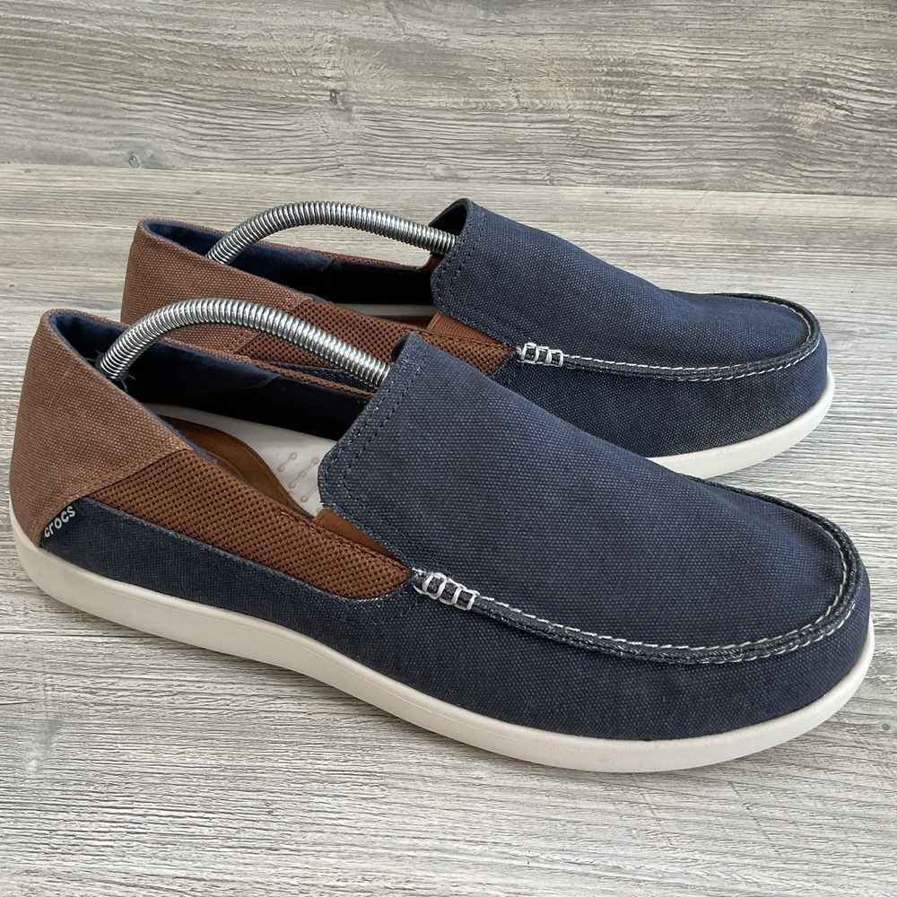 Crocs Mens 12 Navy Brown Santa Cruz Convertible Loafers Canvas Slip On Shoes